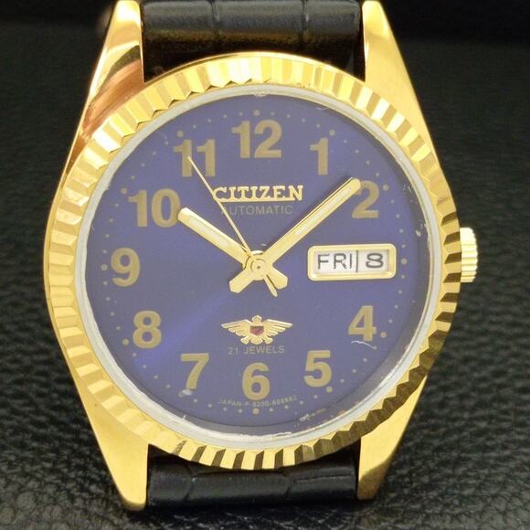 Vintage 1980 Citizen Automatic Mens Gold Watch W/daydate & Blue accents - Picture 4 of 10
